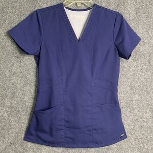 Grey’s Anatomy By Barco Size XS Scrub Top Indigo Blue Fitted Pockets Split Sides